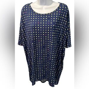 LulaRoe Silky Navy Shirt with multi-colored triangle square design